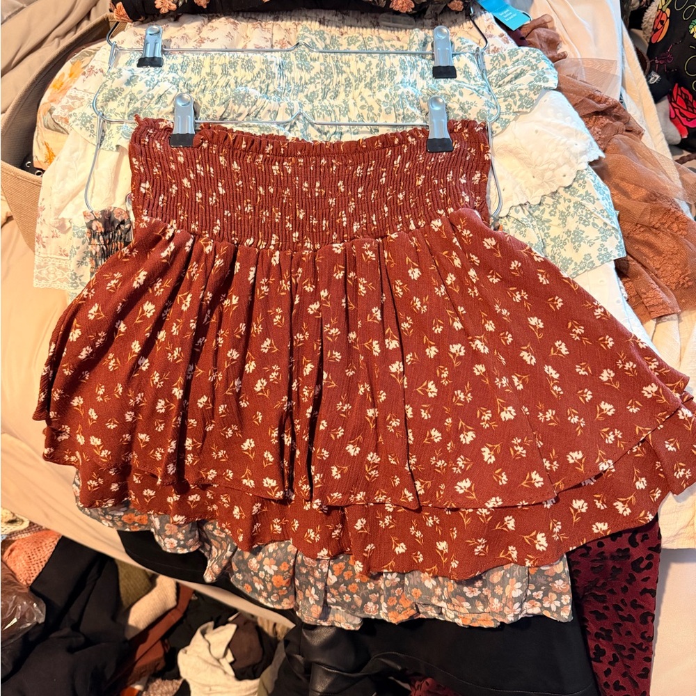 Altar'd State Rust Floral Smocked Tiered Mini Skirt